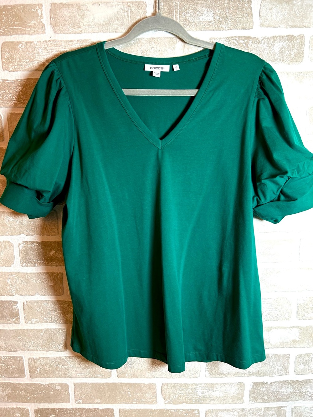 Chico's Teal Green V-Neck Puff Sleeve Top
